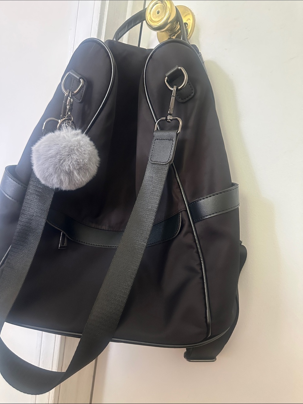 Black Women’s Tote Backpack with Gray Pom Pom